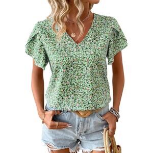 Green Boho Floral V Neck  Short Sleeve Blouse New  S, M, L, XL